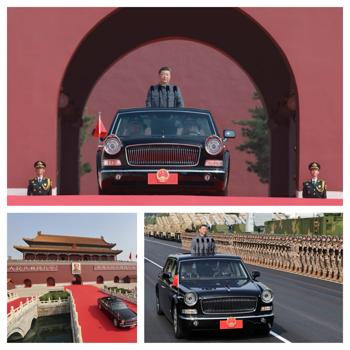 習主席身著中山裝，乘坐紅旗檢閱車緩緩駛出天安門城樓